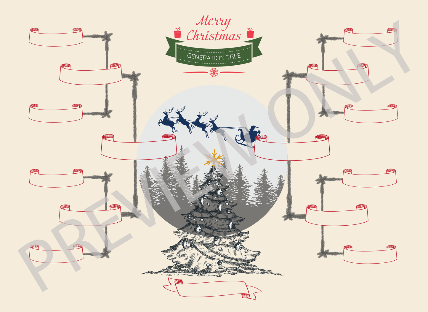 4-Generation-family-tree – Combine Christmas Tree and Santa Riding Reindeer Theme (Digital)