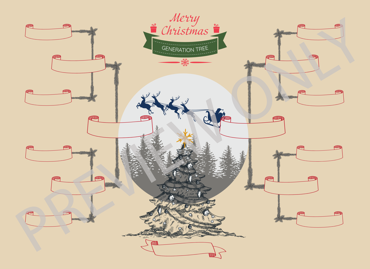 4-Generation-family-tree – Combine Christmas Tree and Santa Riding Reindeer Theme (Digital)