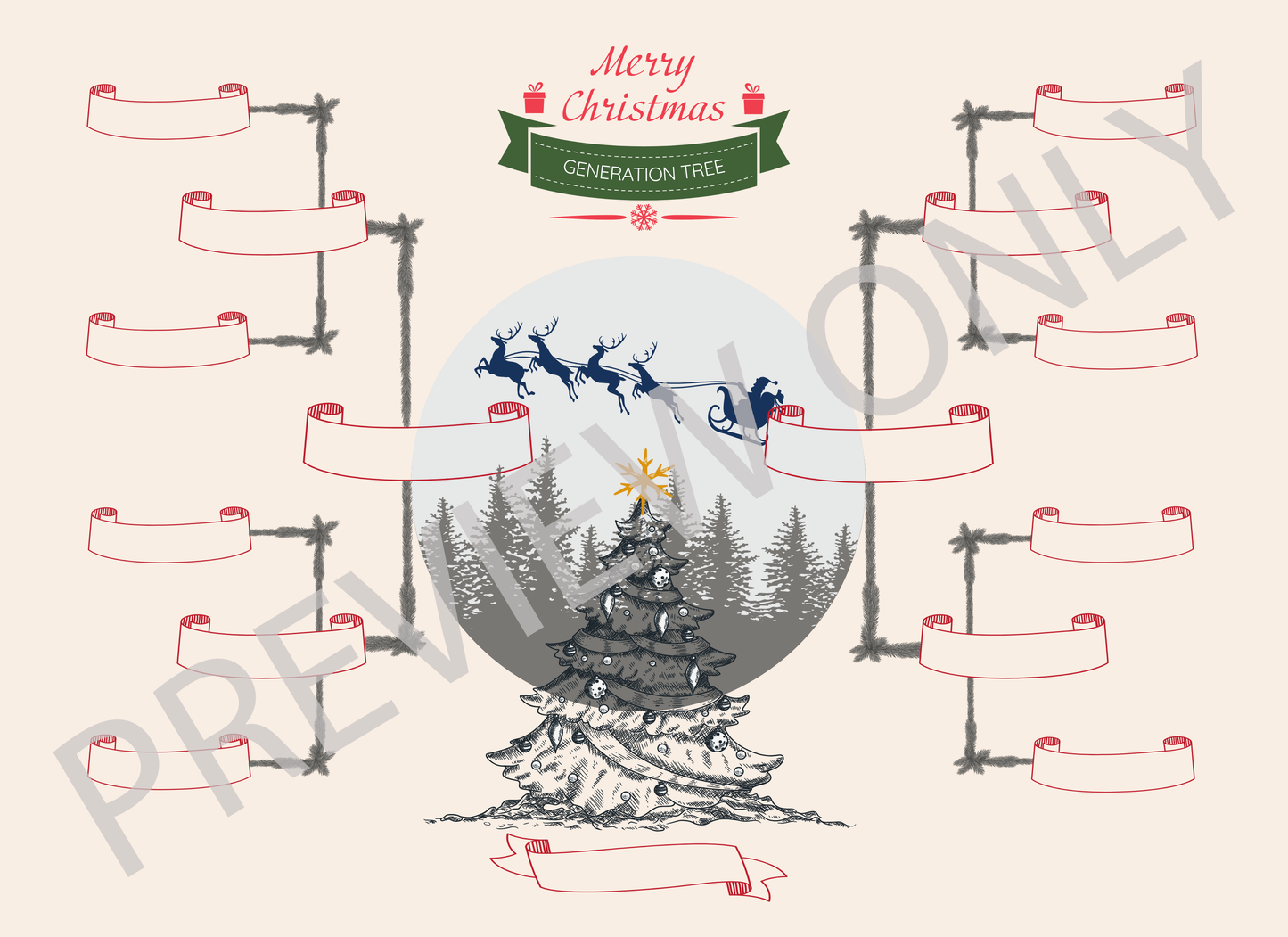4-Generation-family-tree – Combine Christmas Tree and Santa Riding Reindeer Theme (Digital)
